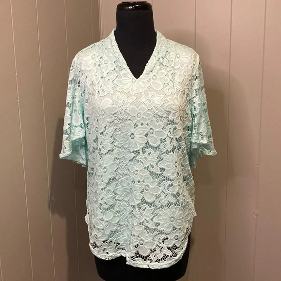 Investments Tops - Investments Petite Small Blouse Top Plus Large Sleeve Lace Stretch Aqua Blue
